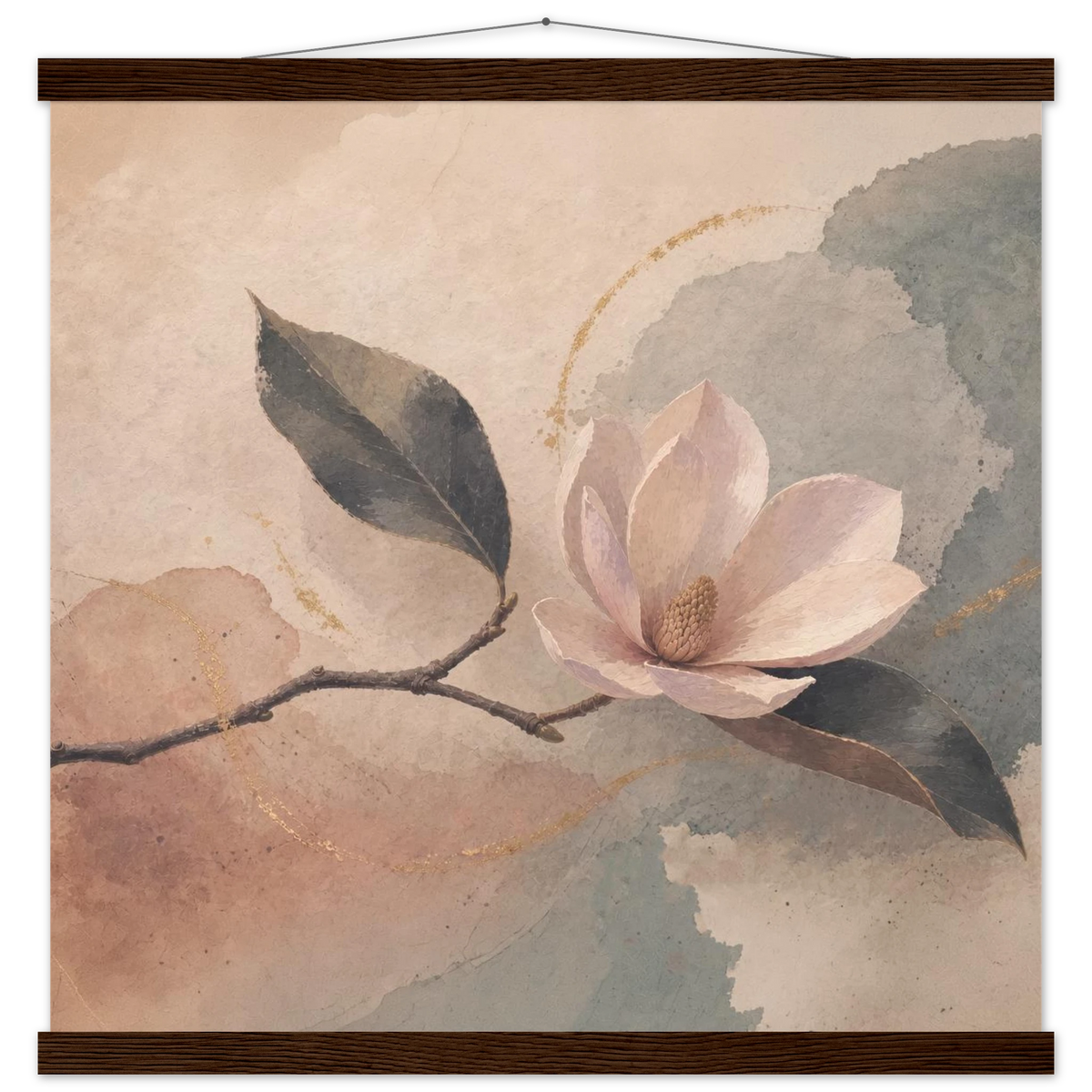 Magnolia Reverie: botanical, sage and japandi. Fine art poster with wooden hanger by The Light Stays.