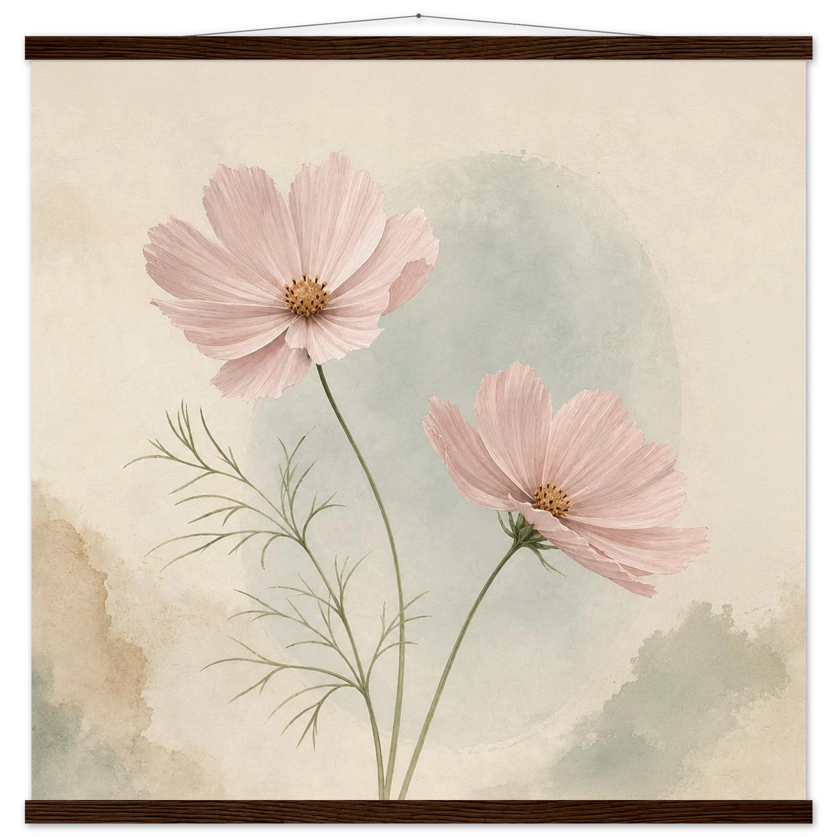 Cosmos Unison: flowers, blush and celadon. Fine art poster with wooden hanger by The Light Stays.
