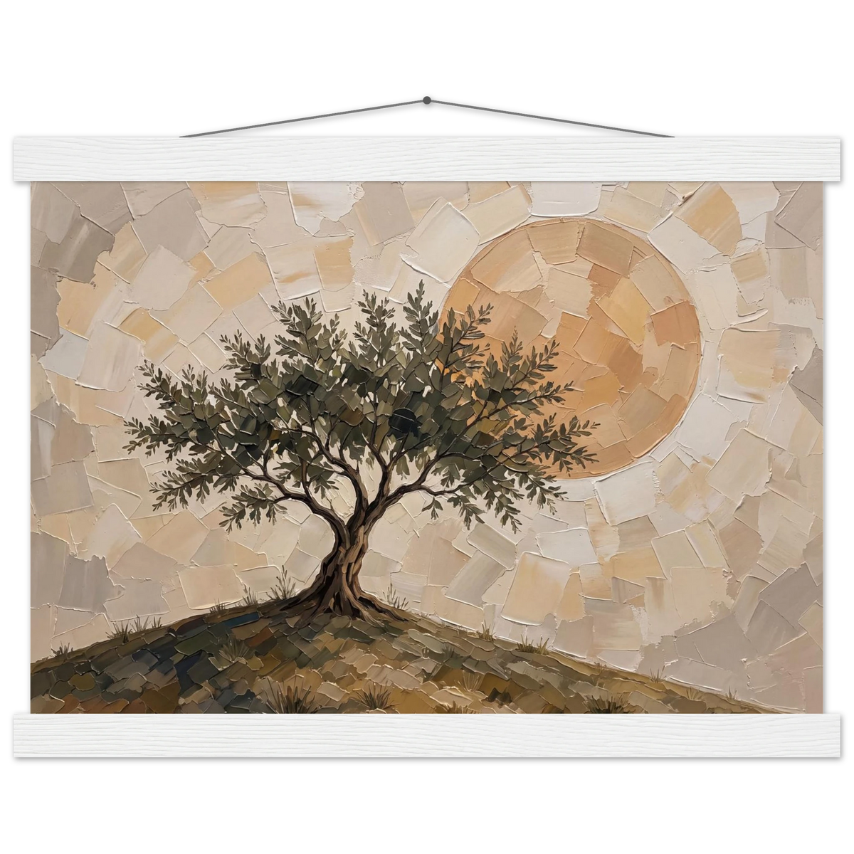 Olive Noon: hills, botanical and golden tones. Fine art poster with wooden hanger by The Light Stays.