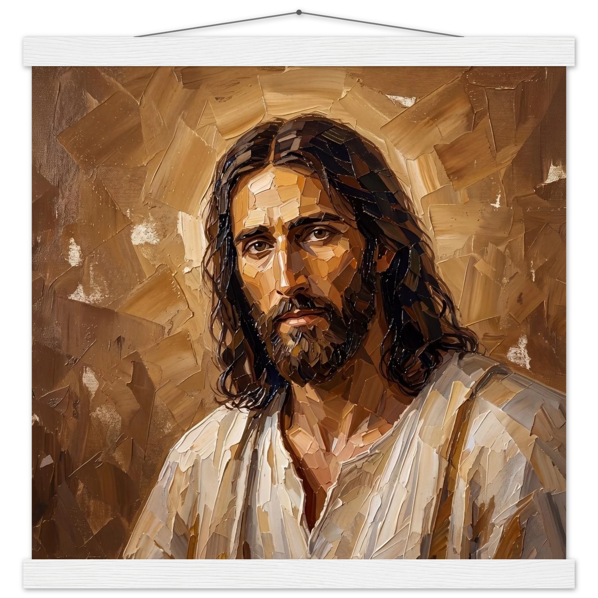 Kind Eyes: jesus, faith and serene gaze. Fine art poster with wooden hanger by The Light Stays.