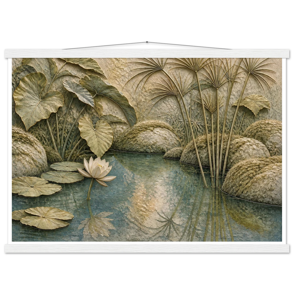 Papyrus Pond, lake, papyrus and serene greens. Archival fine art poster shown framed.