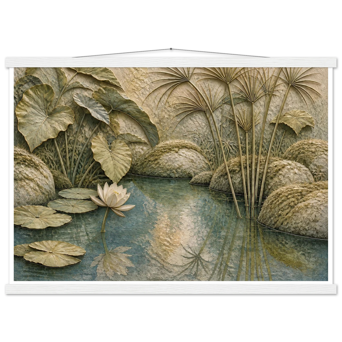 Papyrus Pond, lake, papyrus and serene greens. Archival fine art poster shown framed.