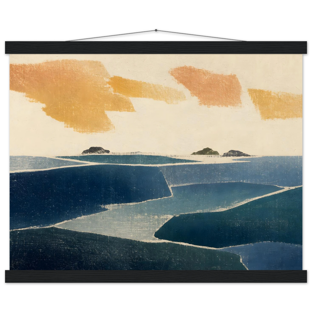 Amber and Indigo: abstract, coastline and color field. Museum-quality fine art poster.
