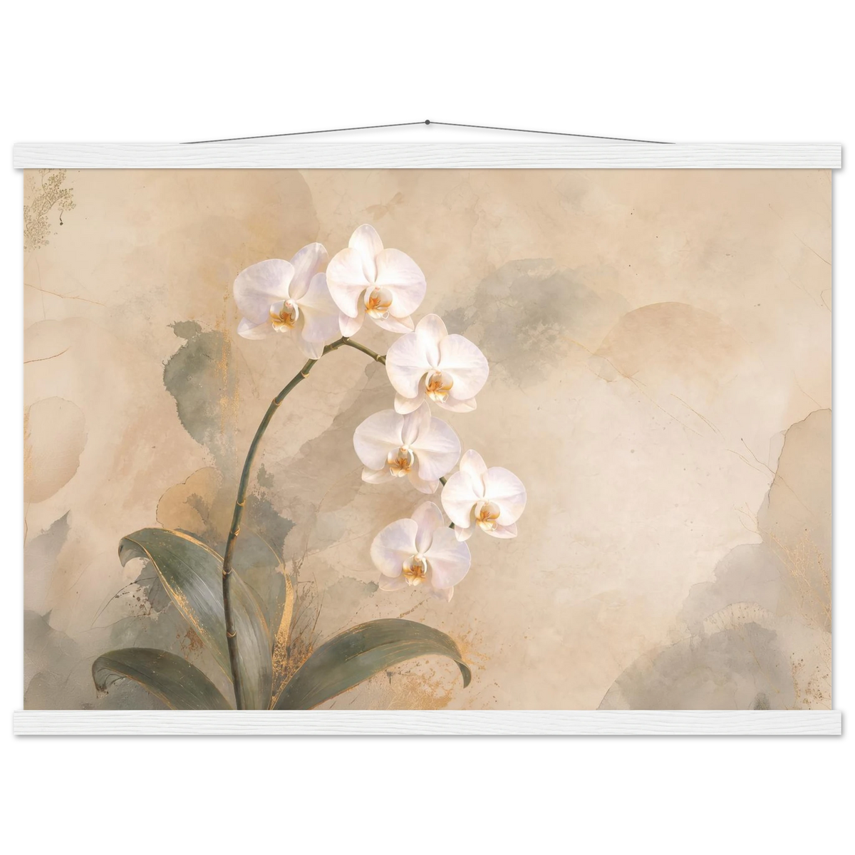 Orchid Luminance: botanical, pale gold and floral art. Fine art poster with wooden hanger by The Light Stays.