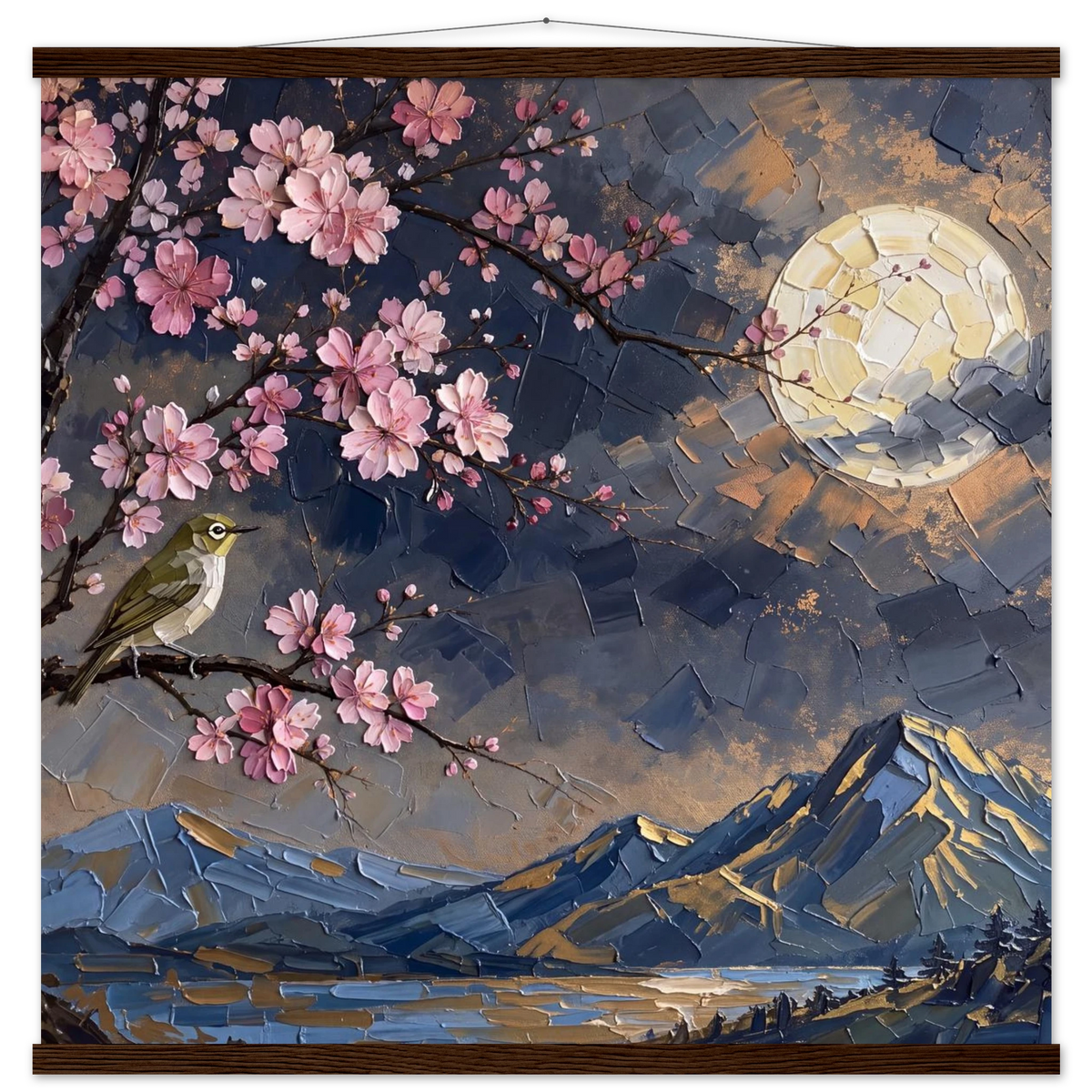 Blossom Moon: cherry blossom, japanese landscape and night. Fine art poster with wooden hanger by The Light Stays.