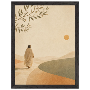 Pintura de Jesus caminhando por uma estrada de terra em campo aberto sob luz quente de fim de tarde, em quadro emoldurado