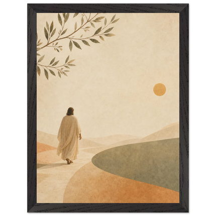 Pintura de Jesus caminhando por uma estrada de terra em campo aberto sob luz quente de fim de tarde, em quadro emoldurado