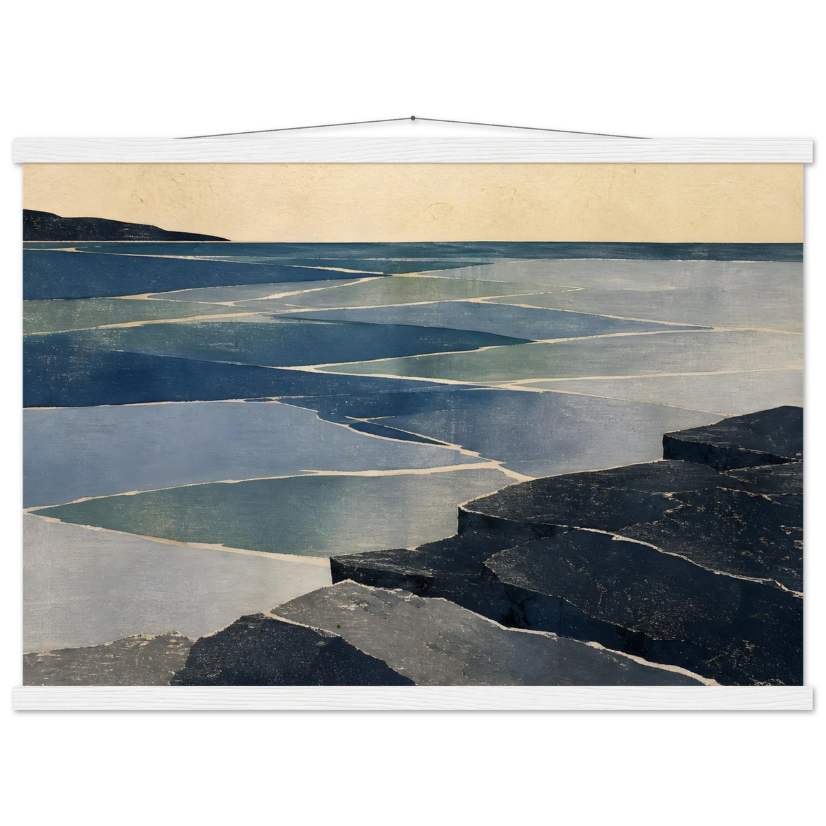 Indigo Tide: coastal landscape, jade water and japandi. Fine art poster with wooden hanger by The Light Stays.