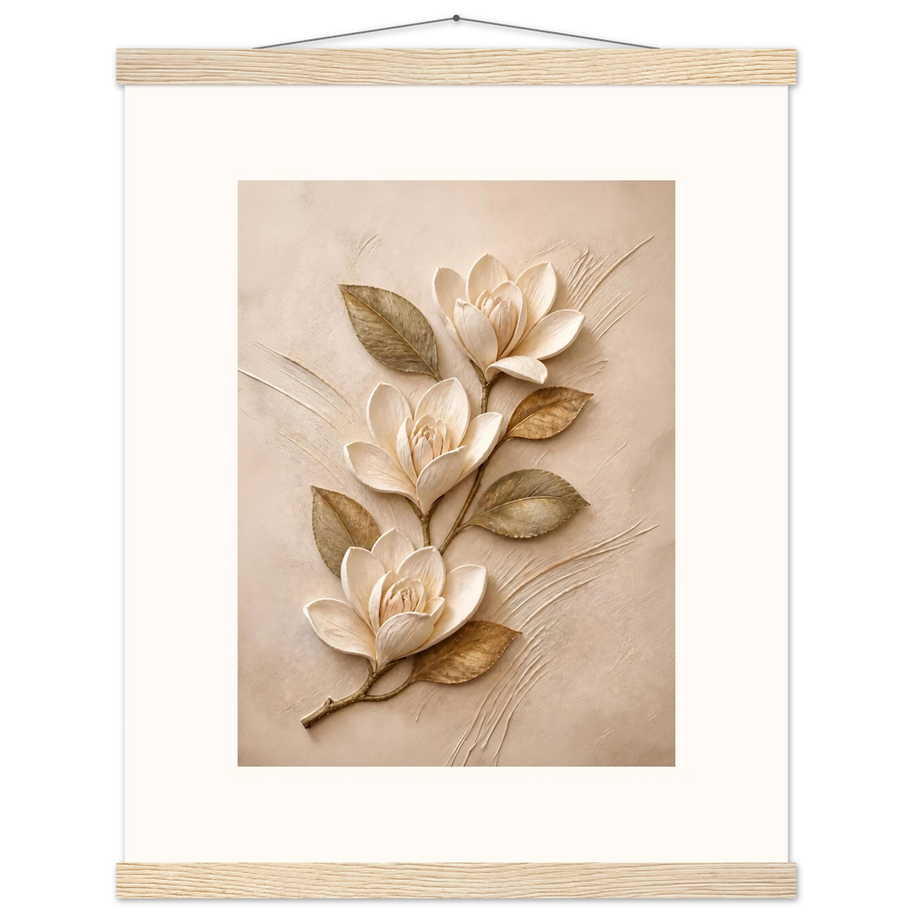 Magnolia Ascent, flowers and botanical. Archival fine art poster shown framed.