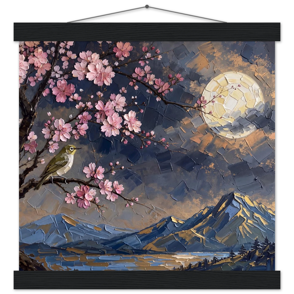 Blossom Moon: cherry blossom, japanese landscape and night. Fine art poster with wooden hanger by The Light Stays.