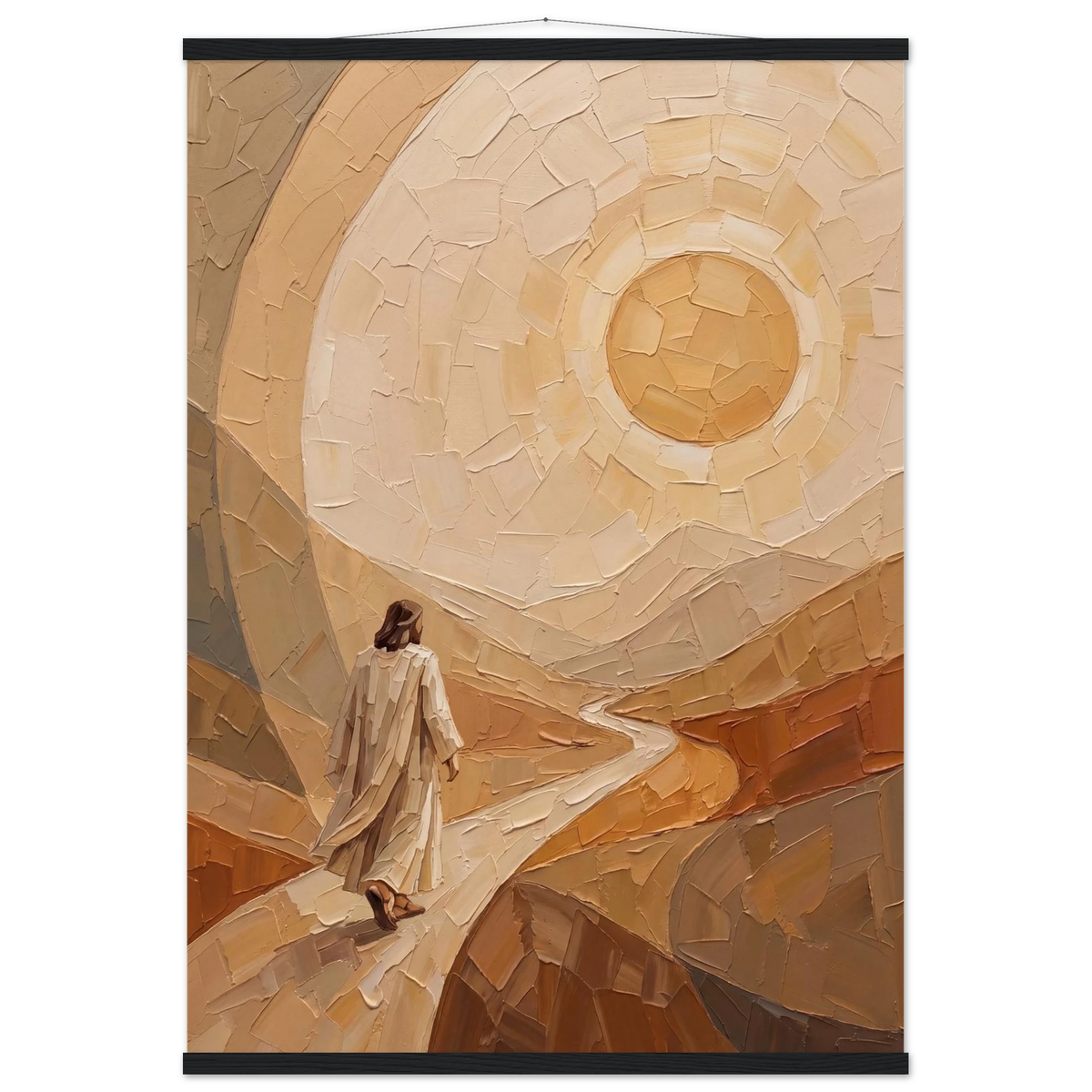 Lightfall: jesus, landscape and golden tones. Fine art poster with wooden hanger by The Light Stays.