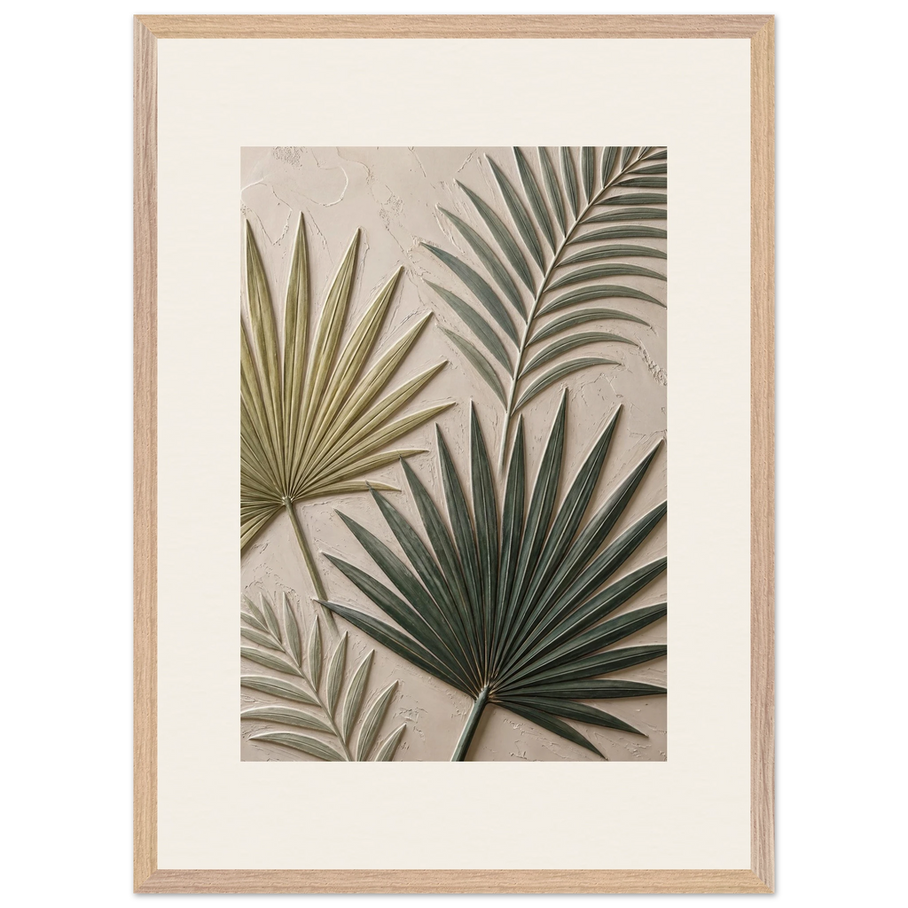 Carved Fronds: impasto, leaves and sand tones. Framed fine art print, alternate frame and size.