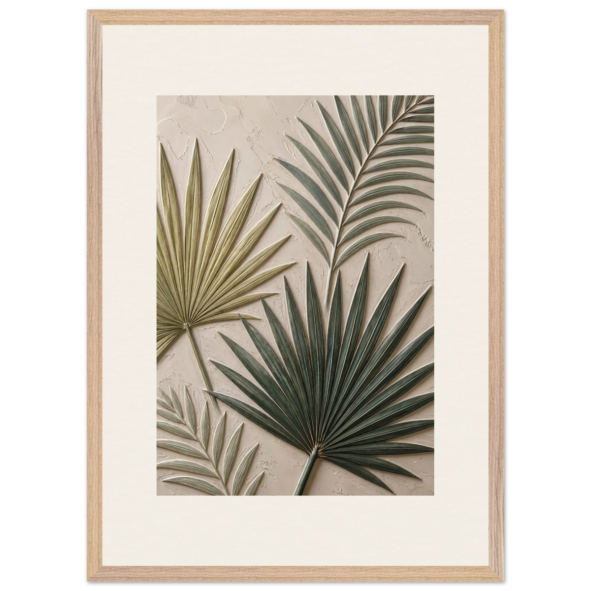 Carved Fronds: impasto, leaves and sand tones. Framed fine art print, alternate frame and size.