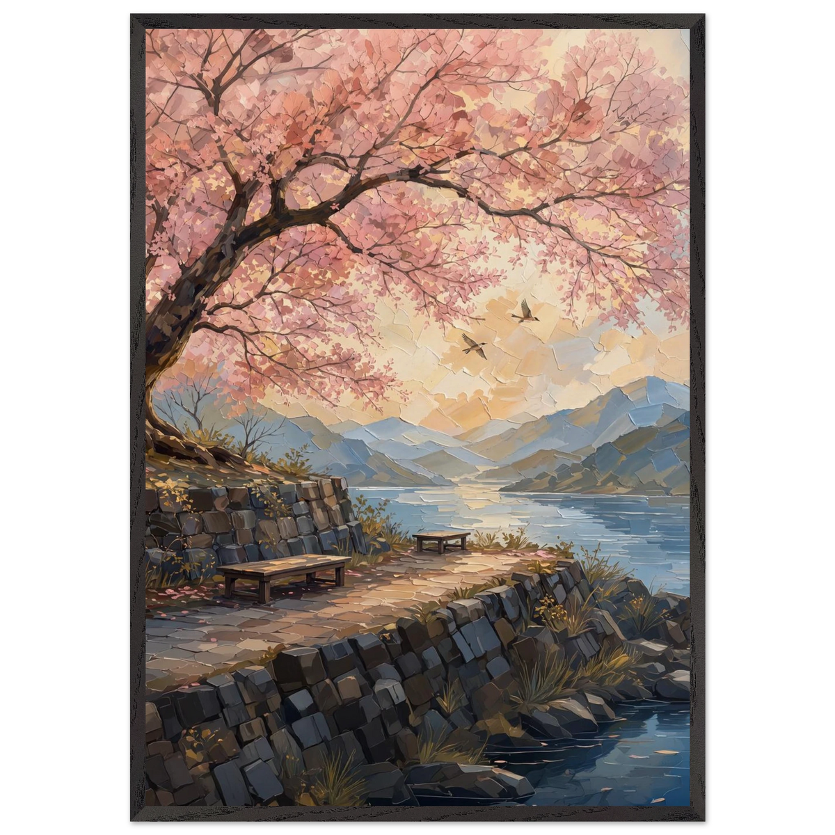 Cherry Blossom Lake: japanese art, sunset and japandi. Framed fine art print by The Light Stays.