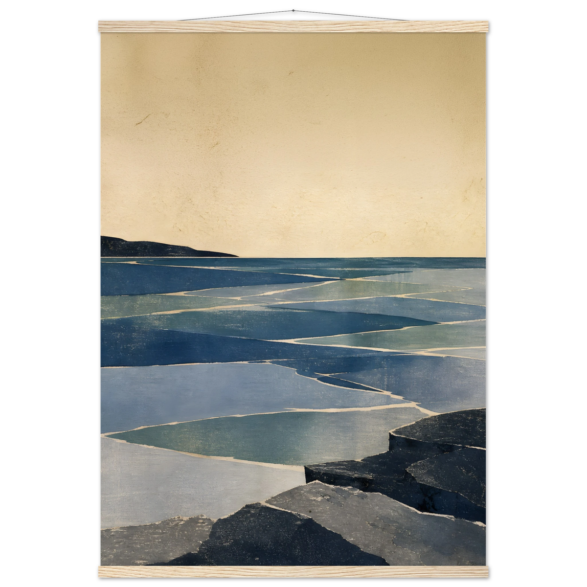 Indigo Tide: coastal landscape, jade water and japandi. Fine art poster with wooden hanger by The Light Stays.