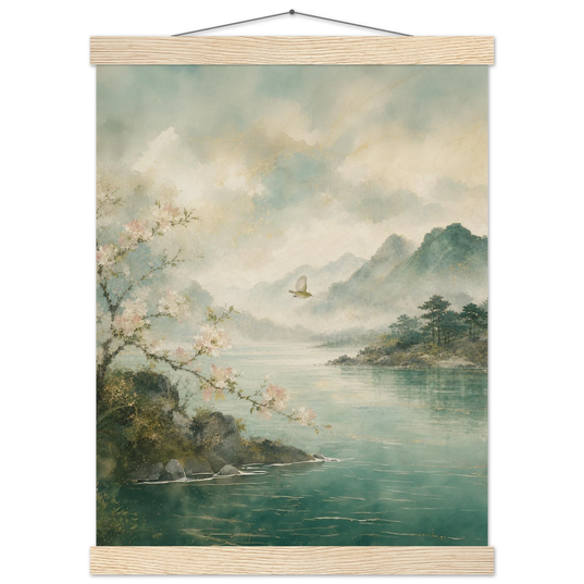 Celadon Flight: birds, japanese landscape and japandi. Fine art poster with wooden hanger by The Light Stays.