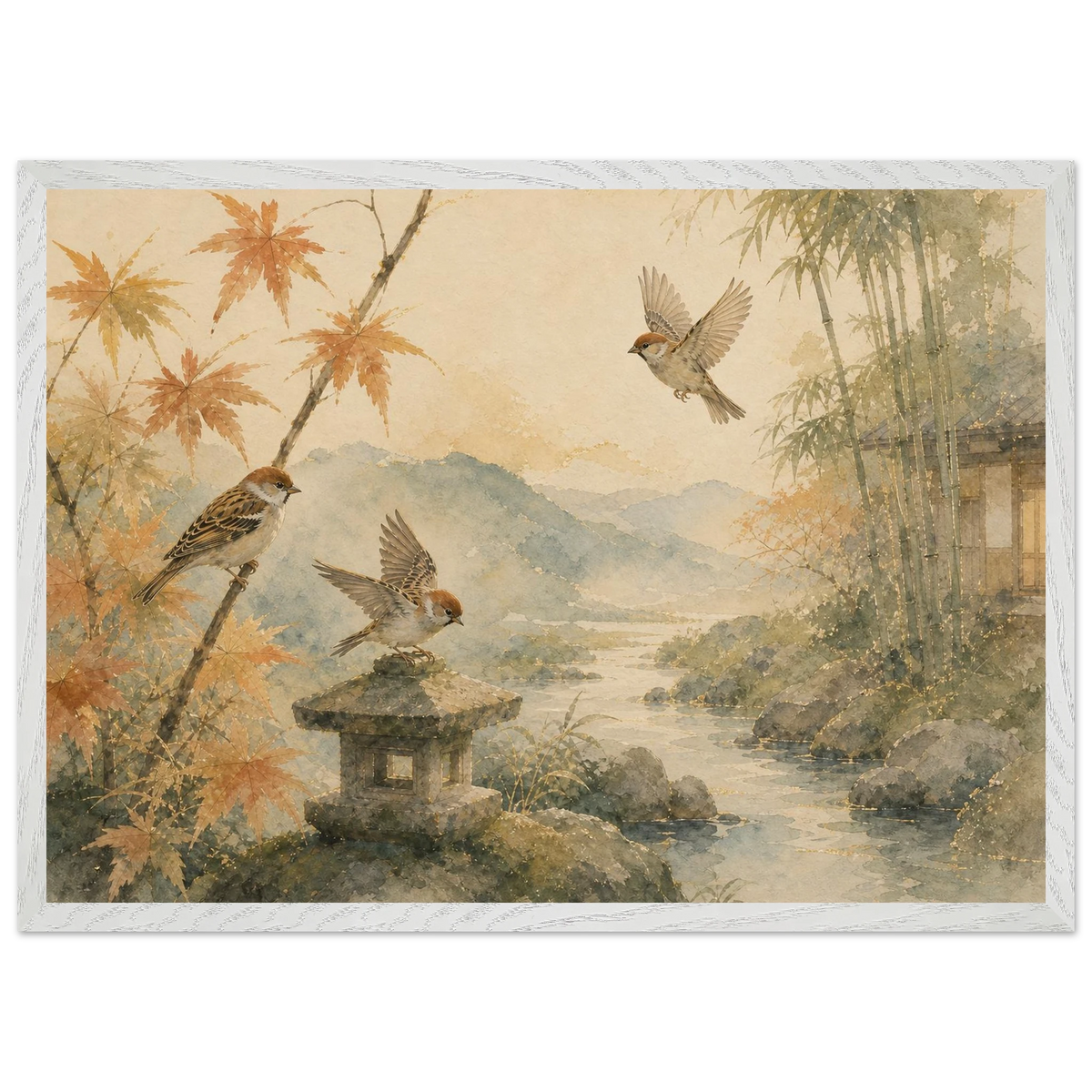 Three Birds Morning: birds, japanese landscape and japandi. Framed fine art print by The Light Stays.