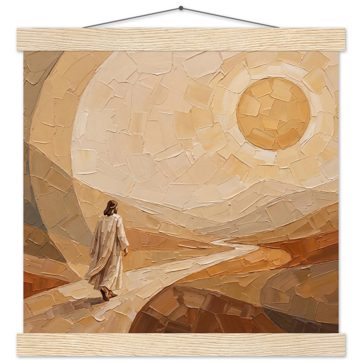Lightfall: jesus, landscape and golden tones. Fine art poster with wooden hanger by The Light Stays.