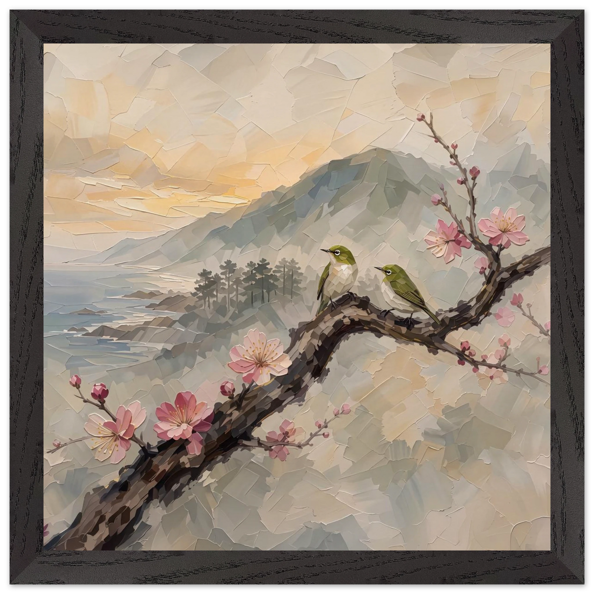 Plum Branch Pair: birds, japanese landscape and japandi. Framed fine art print by The Light Stays.