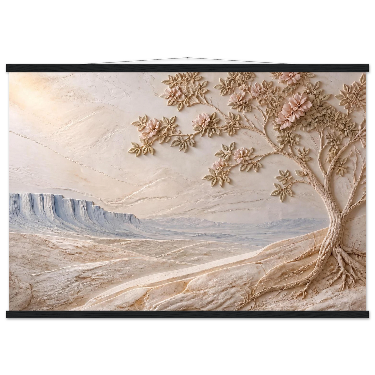 Cliffside Bloom: petra and flora. Museum-quality fine art poster.