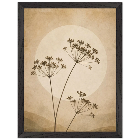 Pintura de ervas secas e flores do campo em silhueta diante de uma lua clara, em tons neutros e quentes, em quadro emoldurado