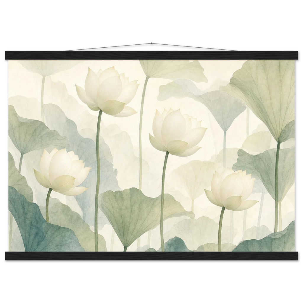 Ivory Lotus Screen: flowers and botanical. Museum-quality fine art poster.