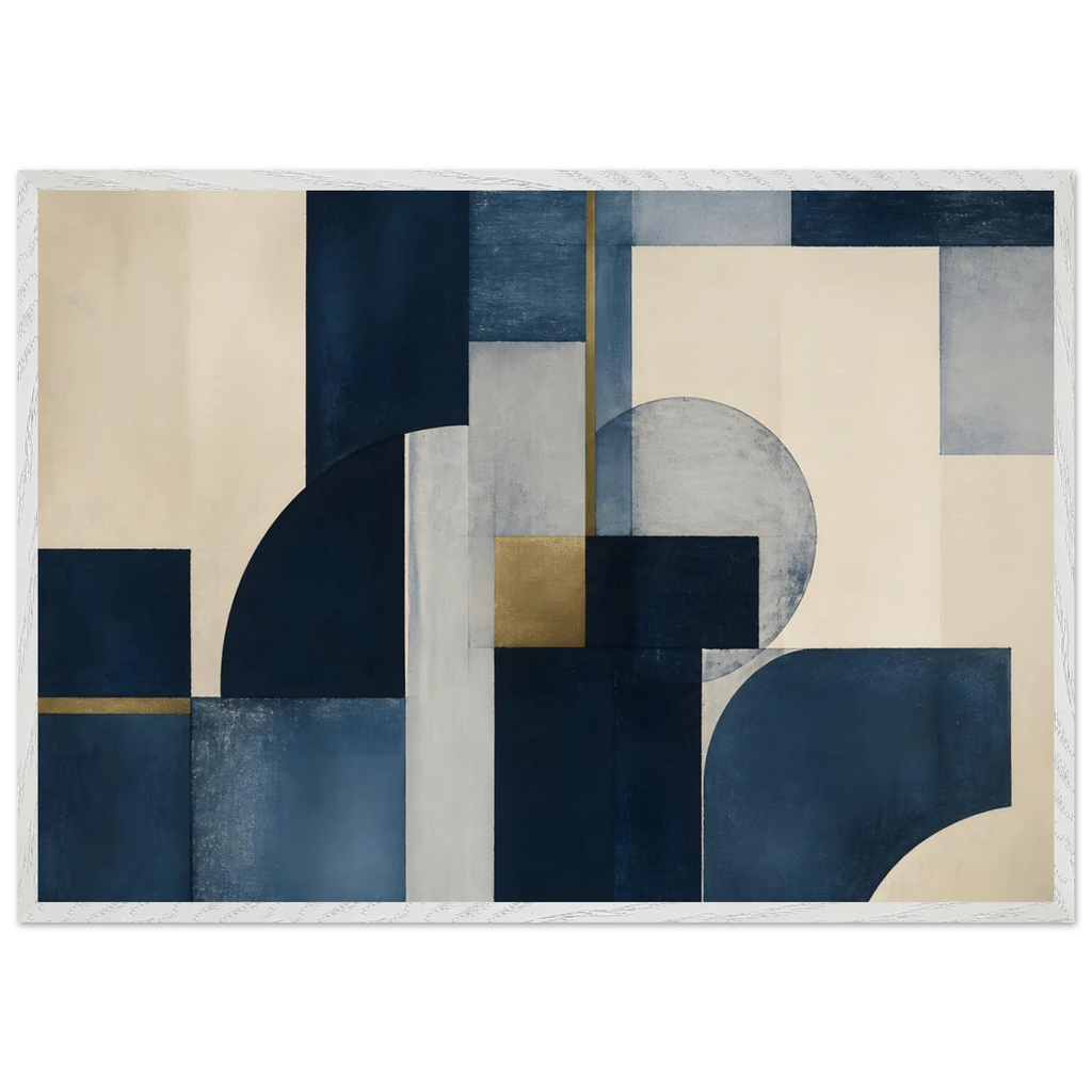 Blue Architecture: geometric abstract, blue and cream. Museum-quality framed fine art print.