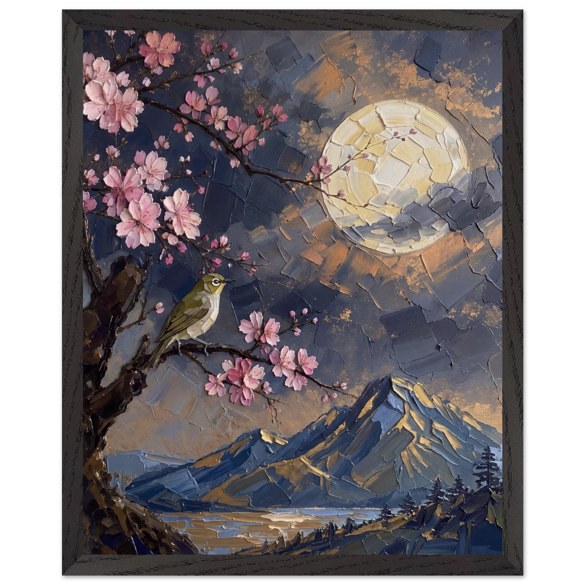 Blossom Moon: cherry blossom, japanese landscape and night. Framed fine art print by The Light Stays.
