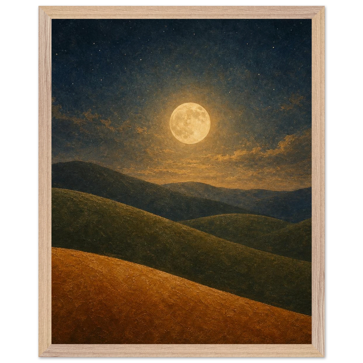 Moon Hills: night, minimalist landscape and charcoal. Framed fine art print by The Light Stays.