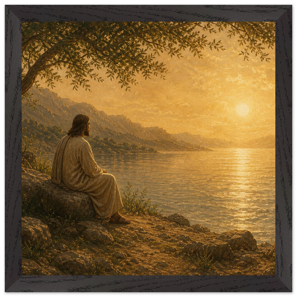 Quadro cristão Bênção do Lago, Jesus sob uma oliveira diante de um lago dourado