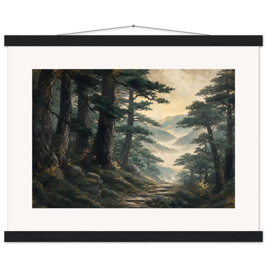 Cypress Passage, japanese art and japandi. Archival fine art poster shown framed.