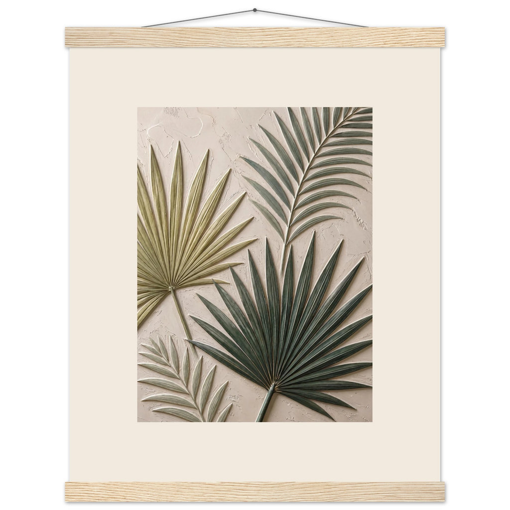 Carved Fronds: impasto, leaves and sand tones. Fine art poster, alternate frame and size.
