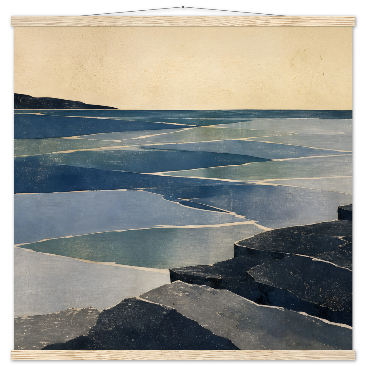 Indigo Tide: coastal landscape, jade water and japandi. Fine art poster with wooden hanger by The Light Stays.