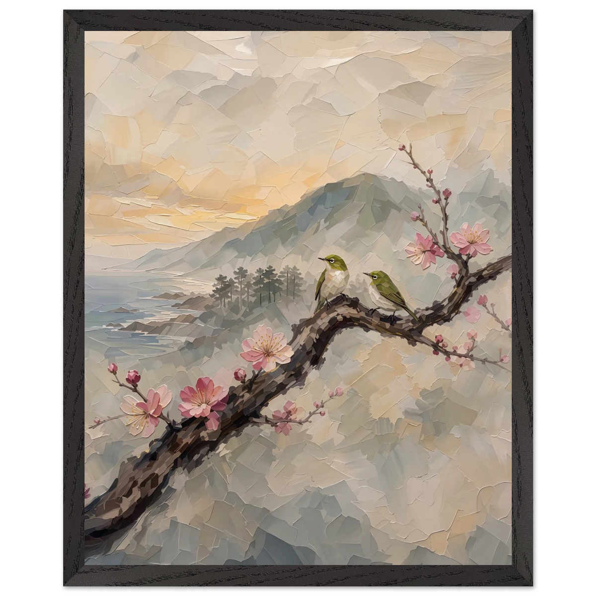 Plum Branch Pair: birds, japanese landscape and japandi. Framed fine art print by The Light Stays.