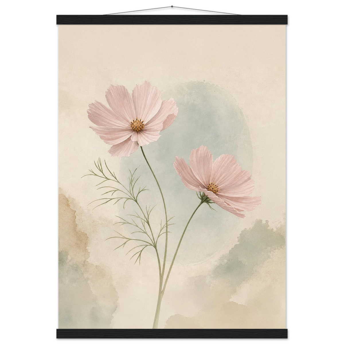 Cosmos Unison: flowers, blush and celadon. Fine art poster with wooden hanger by The Light Stays.