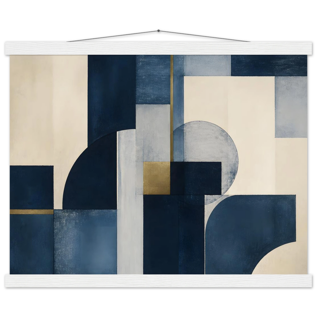 Blue Architecture: geometric abstract, blue and cream. Fine art poster, alternate frame and size.