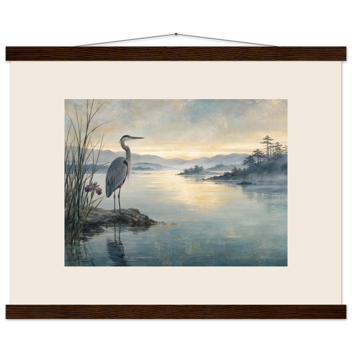 Heron at Dawn: japanese art and japandi. Museum-quality fine art poster.