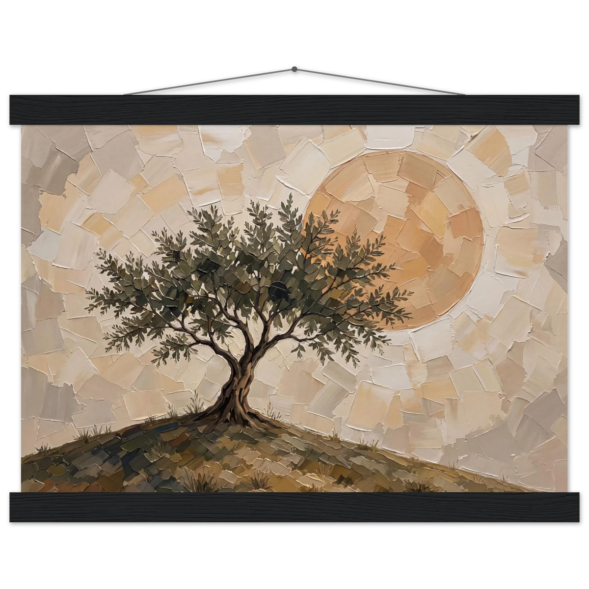Olive Noon: hills, botanical and golden tones. Fine art poster with wooden hanger by The Light Stays.