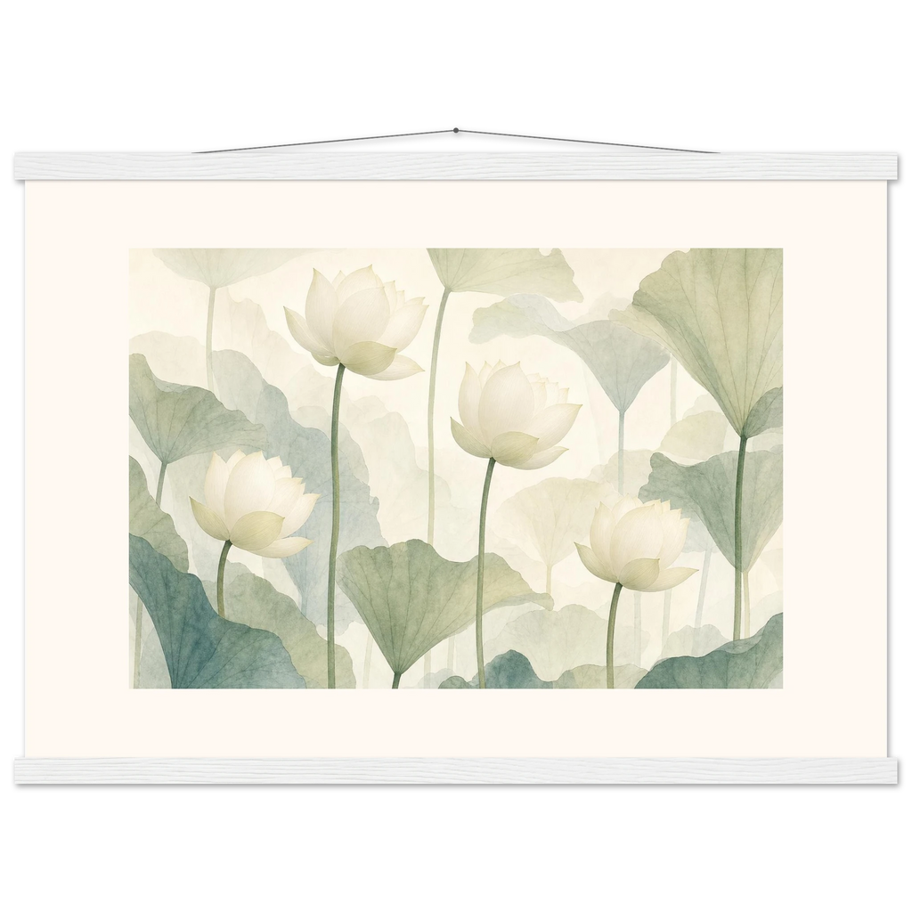 Ivory Lotus Screen: flowers and botanical. Fine art poster, alternate frame and size.