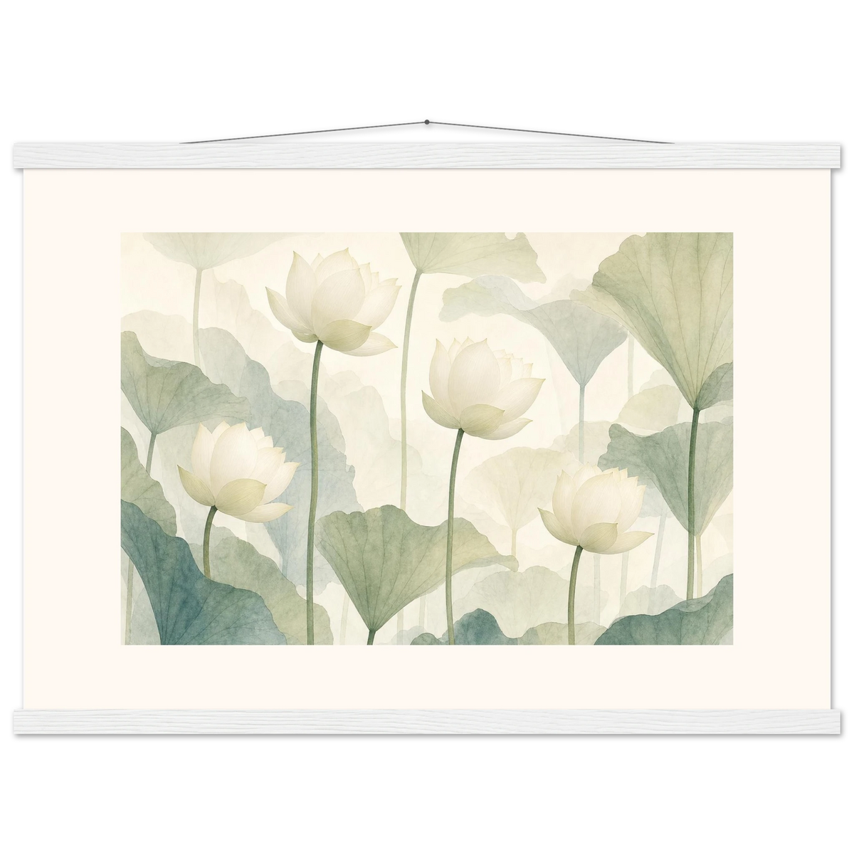 Ivory Lotus Screen: flowers and botanical. Fine art poster, alternate frame and size.