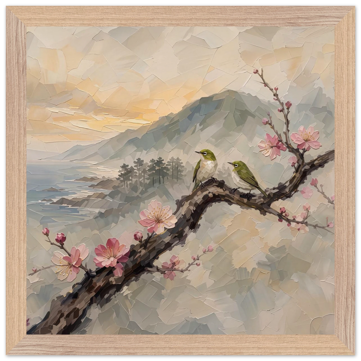 Plum Branch Pair: birds, japanese landscape and japandi. Framed fine art print by The Light Stays.