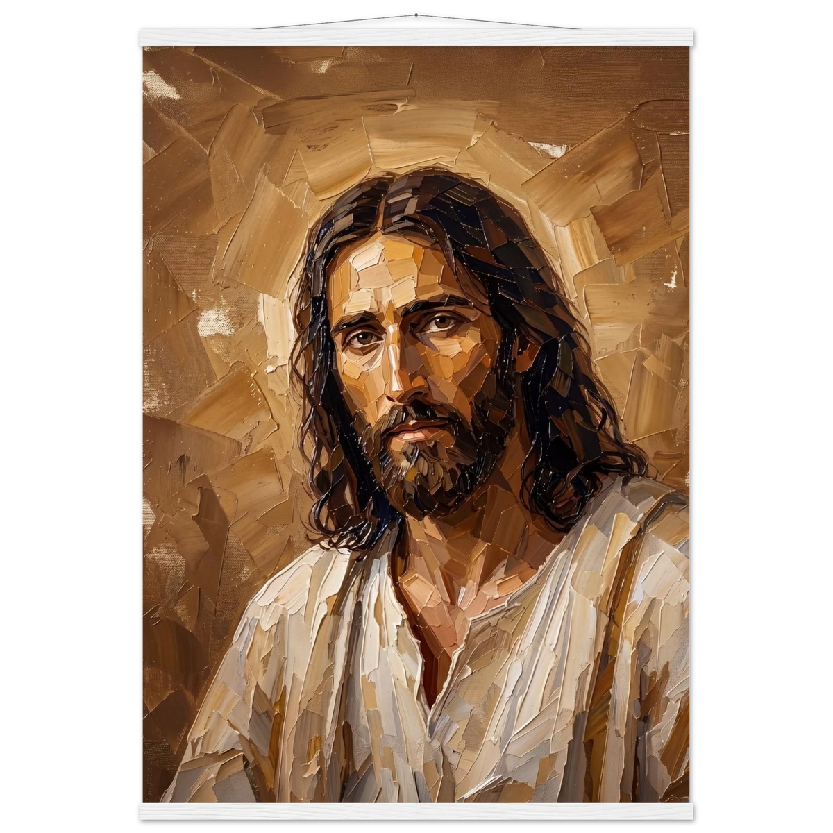 Kind Eyes: jesus, faith and serene gaze. Fine art poster with wooden hanger by The Light Stays.