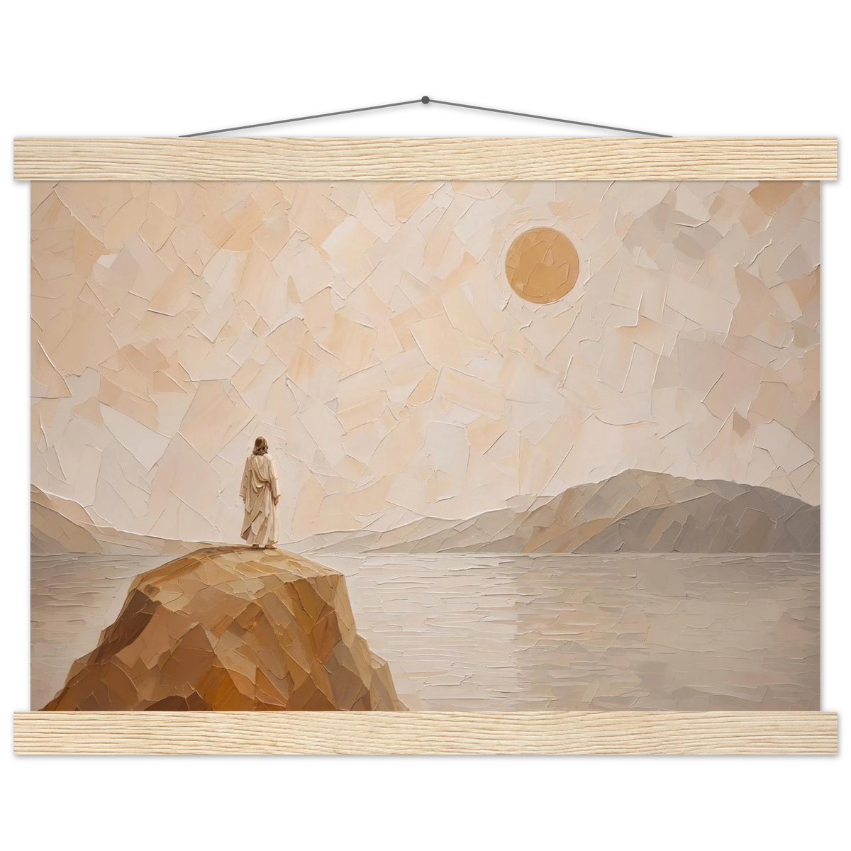 Salt Shore: jesus, cliff and sea. Fine art poster with wooden hanger by The Light Stays.
