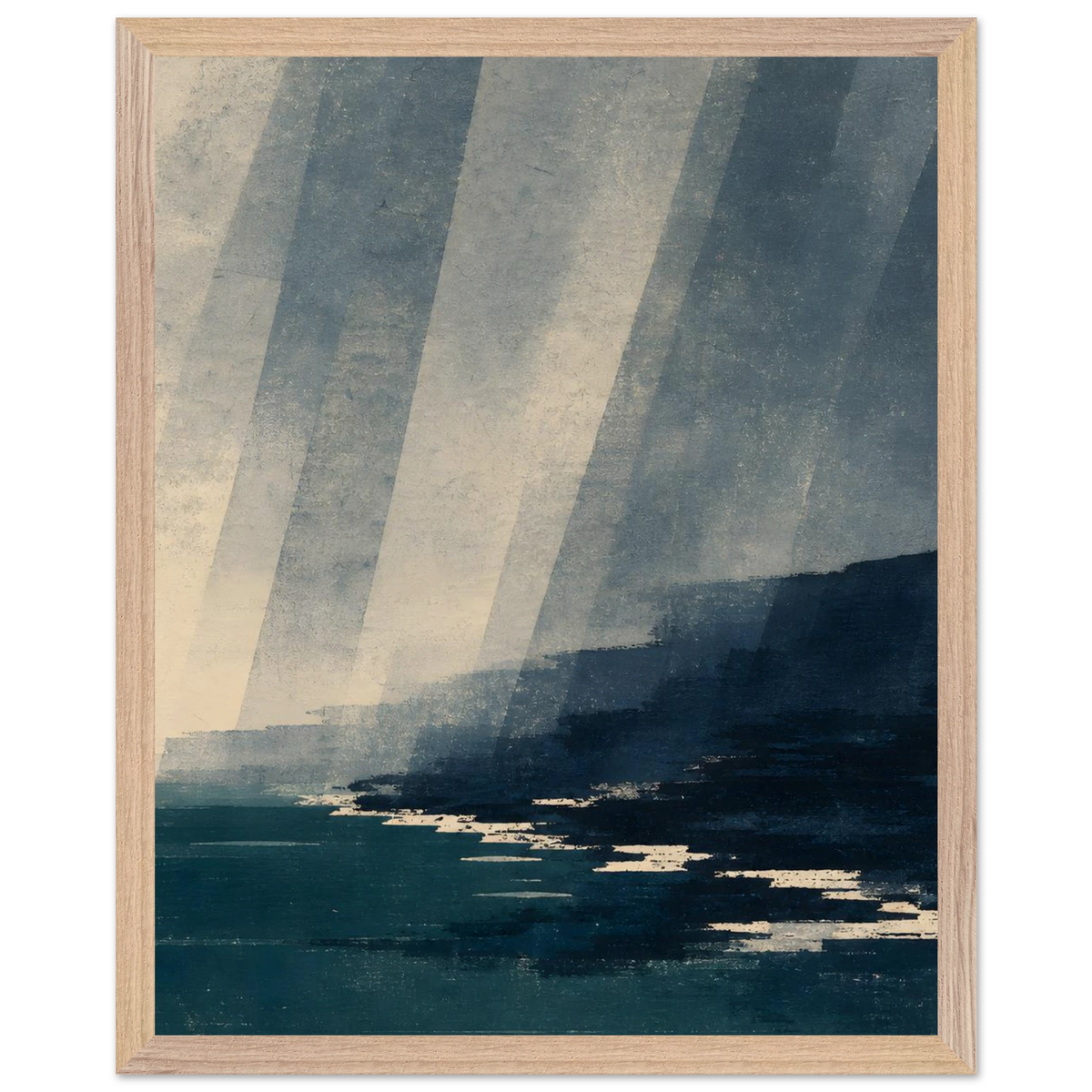 Rain Coast: japandi, teal blue and atmosphere. Framed fine art print by The Light Stays.