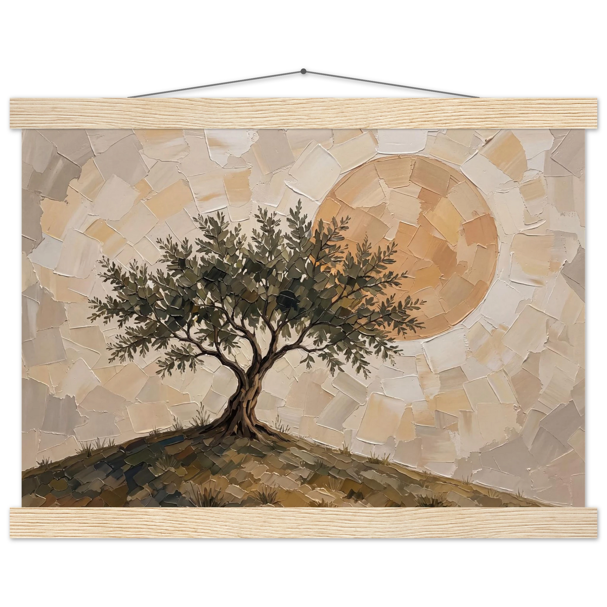 Olive Noon: hills, botanical and golden tones. Fine art poster with wooden hanger by The Light Stays.