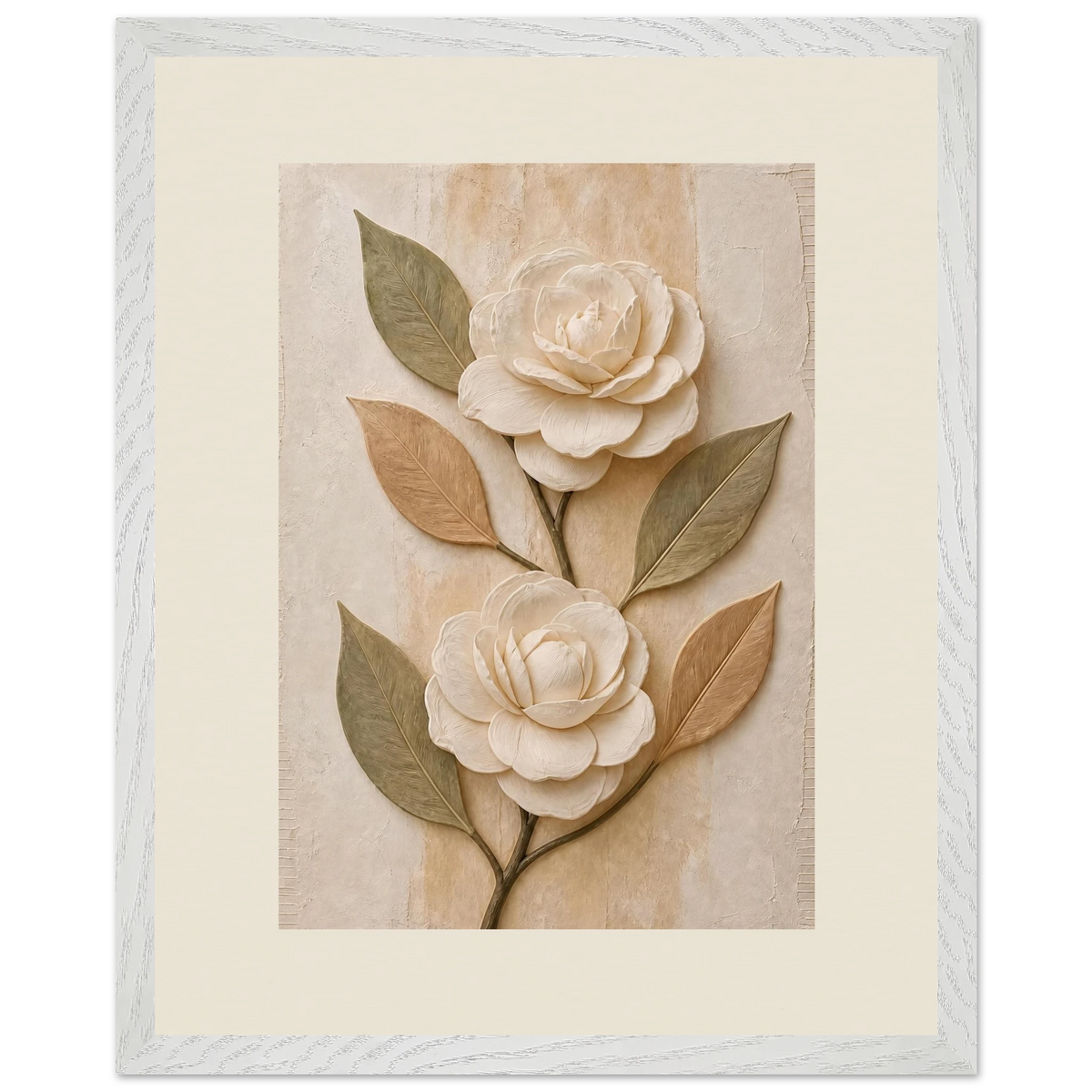 Carved Camellia: flowers and botanical. Museum-quality framed fine art print.