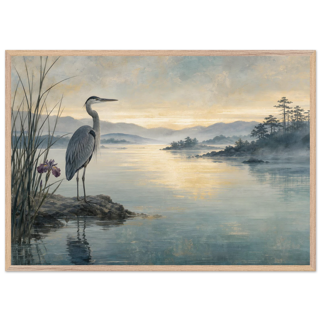Heron at Dawn: japanese art and japandi. Museum-quality framed fine art print.