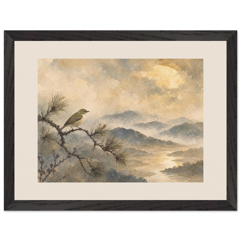 Golden Moon Bird: japanese art and japandi. Framed fine art print.