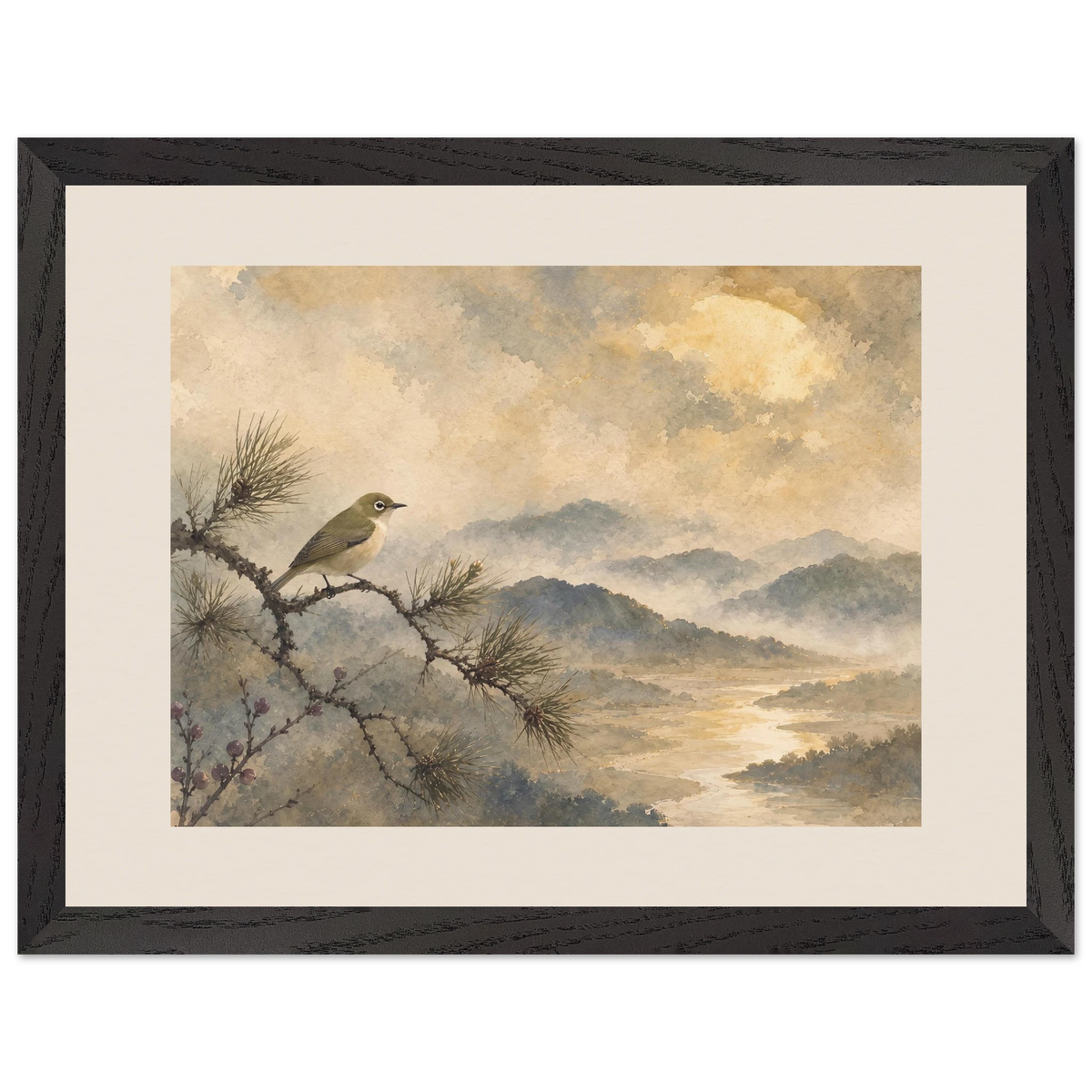 Golden Moon Bird: japanese art and japandi. Framed fine art print.