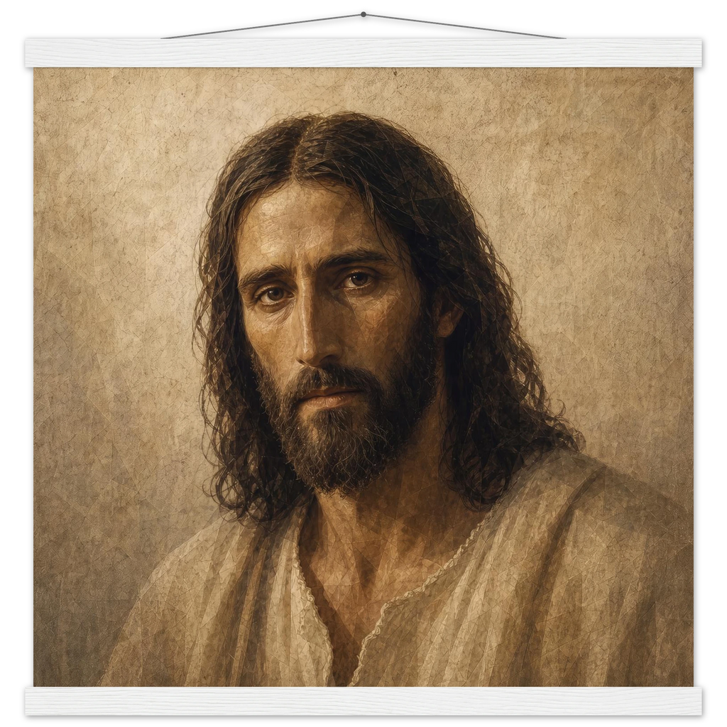 Pôster Kind Eyes com suporte de madeira, retrato sereno de Jesus em luz quente